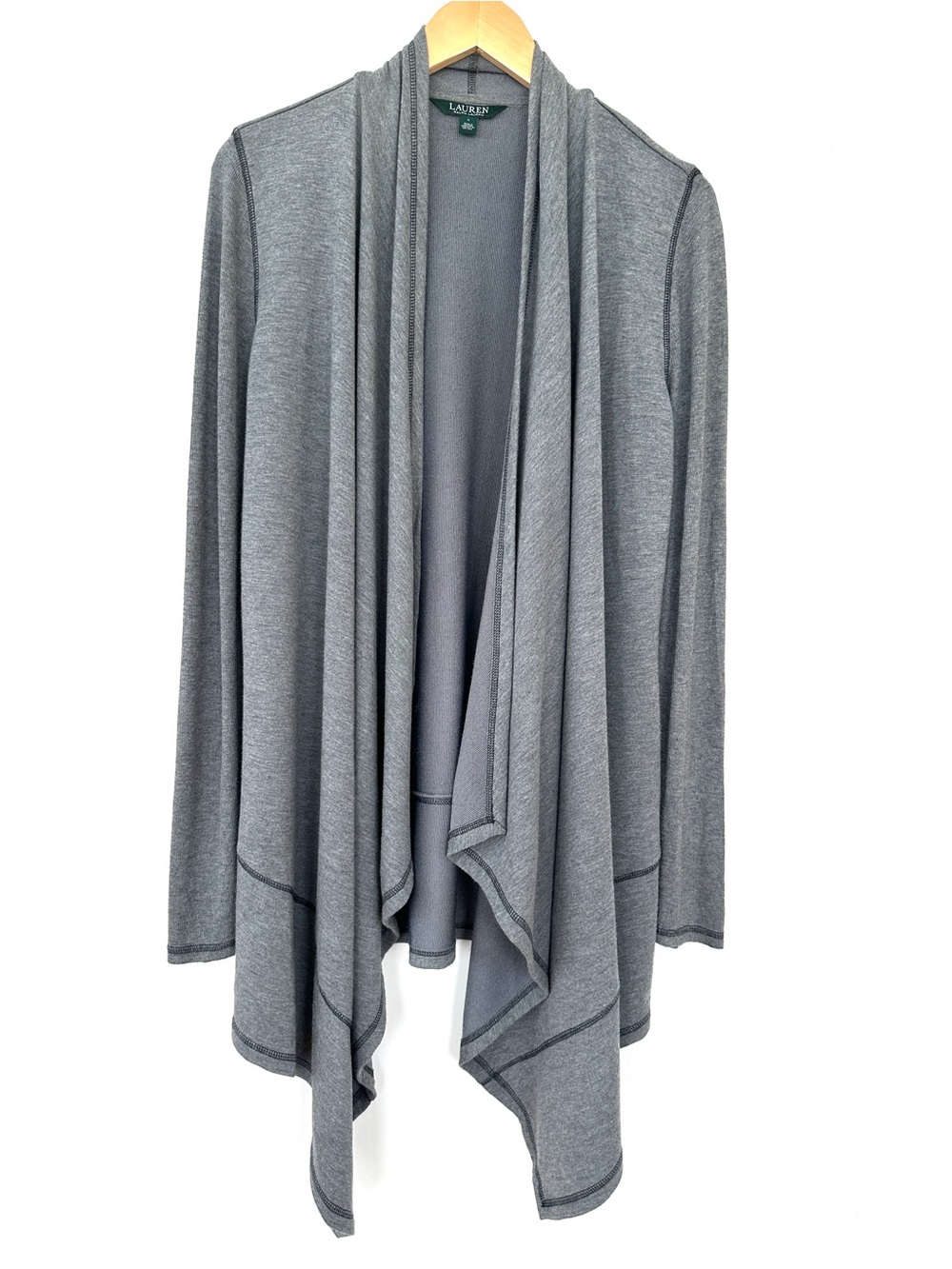 Lauren Ralph Lauren Women's Gray Draped Open Cardigan, Stretch Knit